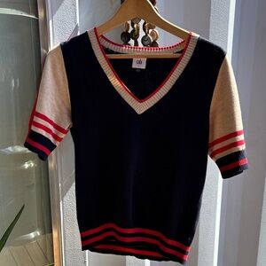 CAbi Navy and Red V-Neck Sweater